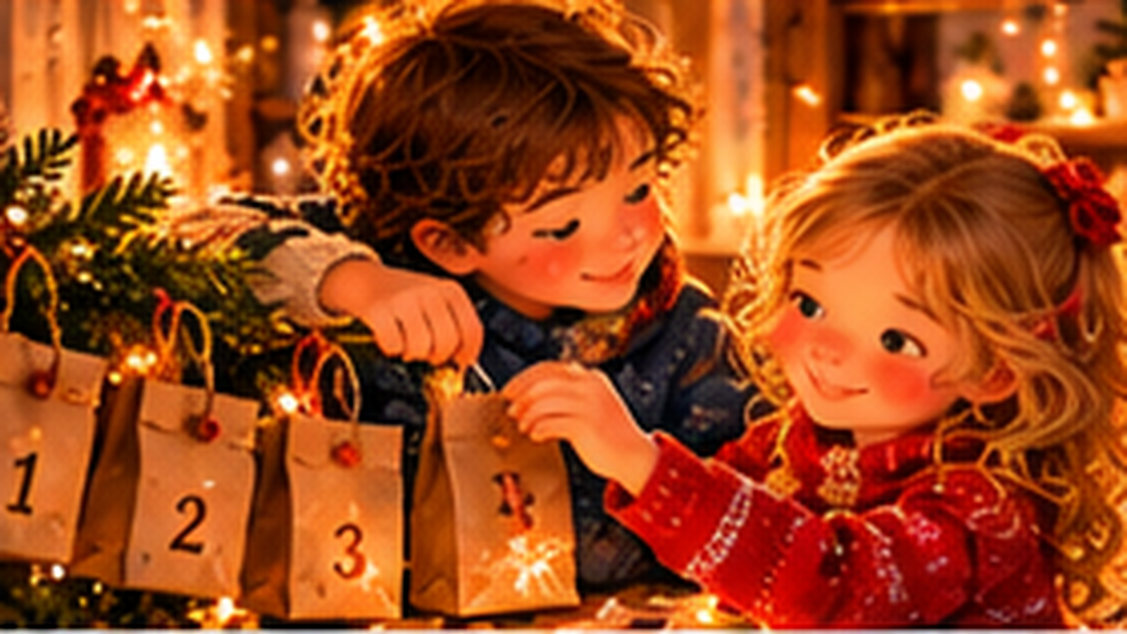 Dvě děti otevírají očíslované sáčky adventního kalendáře