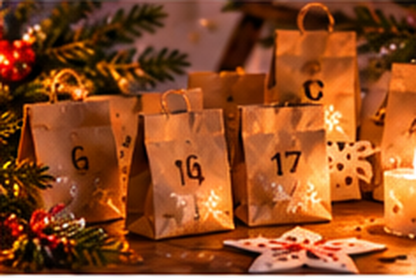 Papírové sáčky adventního kalendáře se svíčkou a hvězdou