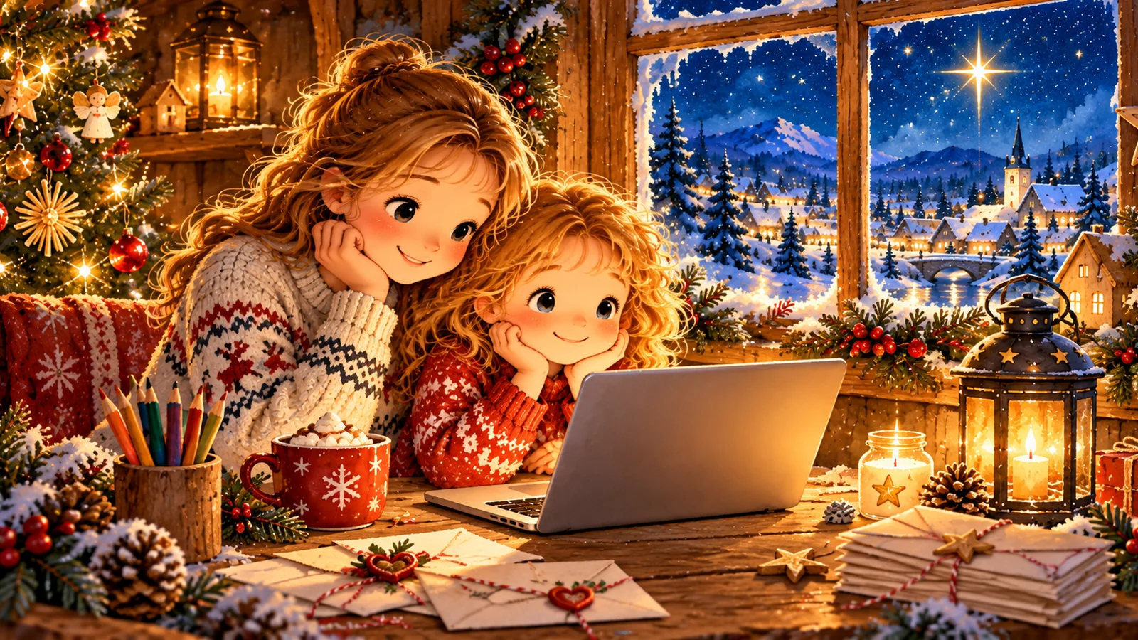 Rodič a dítě společně sedí u laptopu a objevují možnosti online dopisu Ježíškovi.
