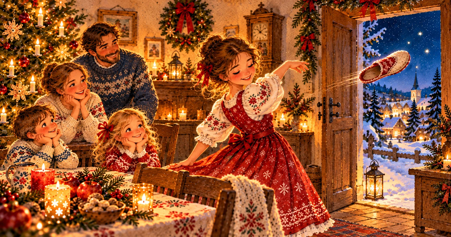 Dívka hází střevíček ve světnici během českých vánočních zvyků