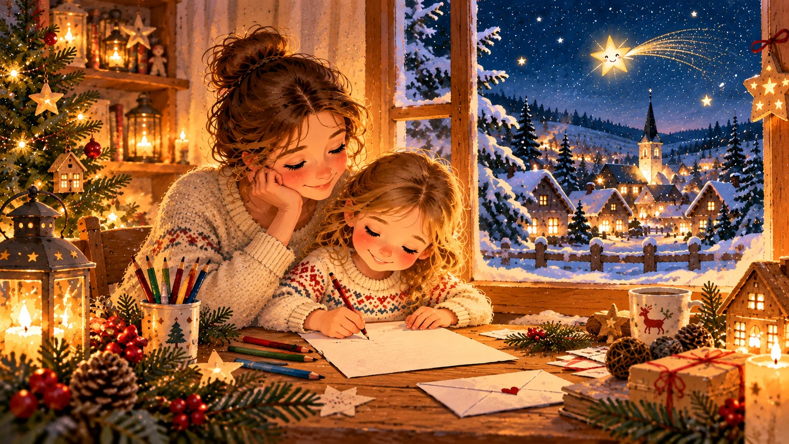 Dítě píše s maminkou dopis Ježíškovi u vánočně osvětleného stolu