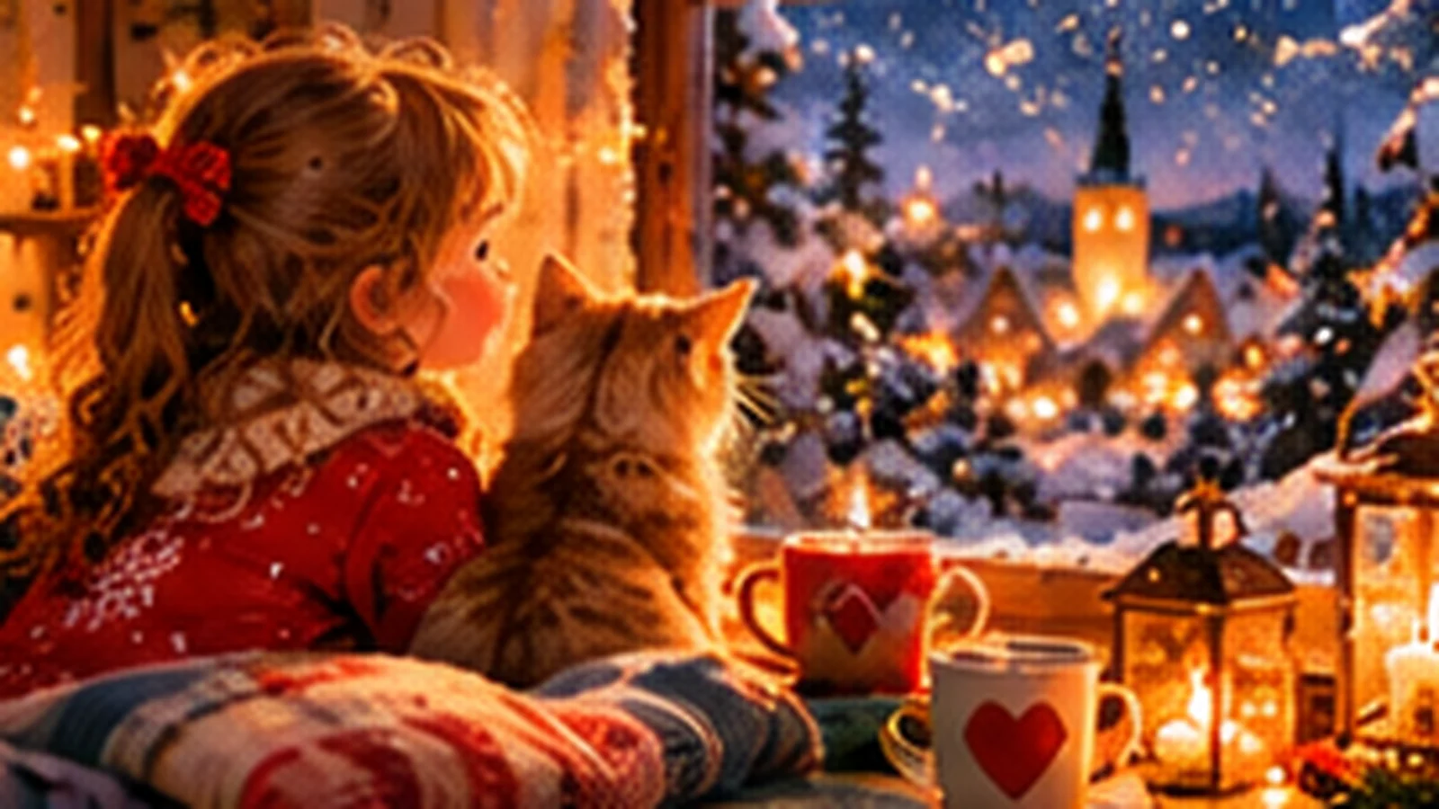 Dívka s kočkou se dívá z okna na zasněženou vesnici