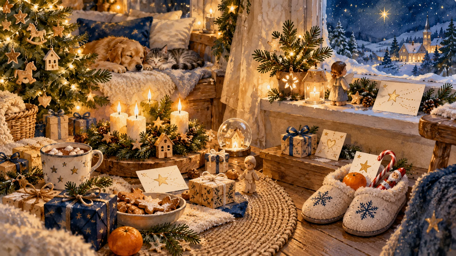 Vánoční vzkazy od Ježíška u adventního věnce a hvězdné oblohy
